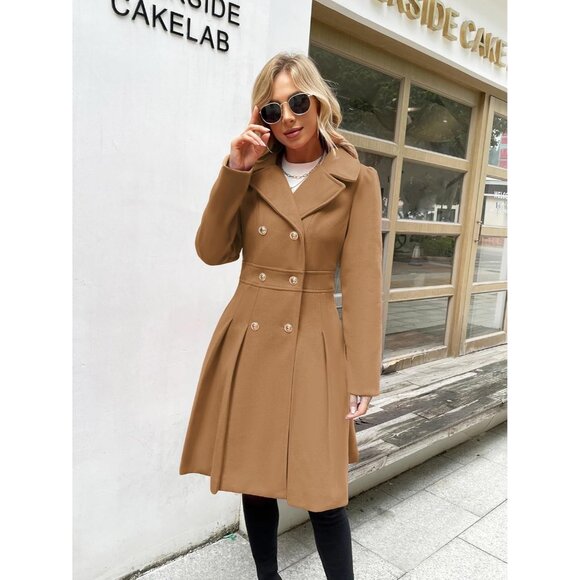 ✨Camel Brown Trench Coat Notch Lapel Double Breasted Pea Coats Jacket - Picture 2 of 8